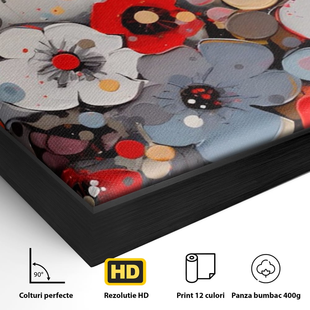 Detaliu al suprafetei: pictura canvas cu flori colorate in relief, in rama de aluminiu negru